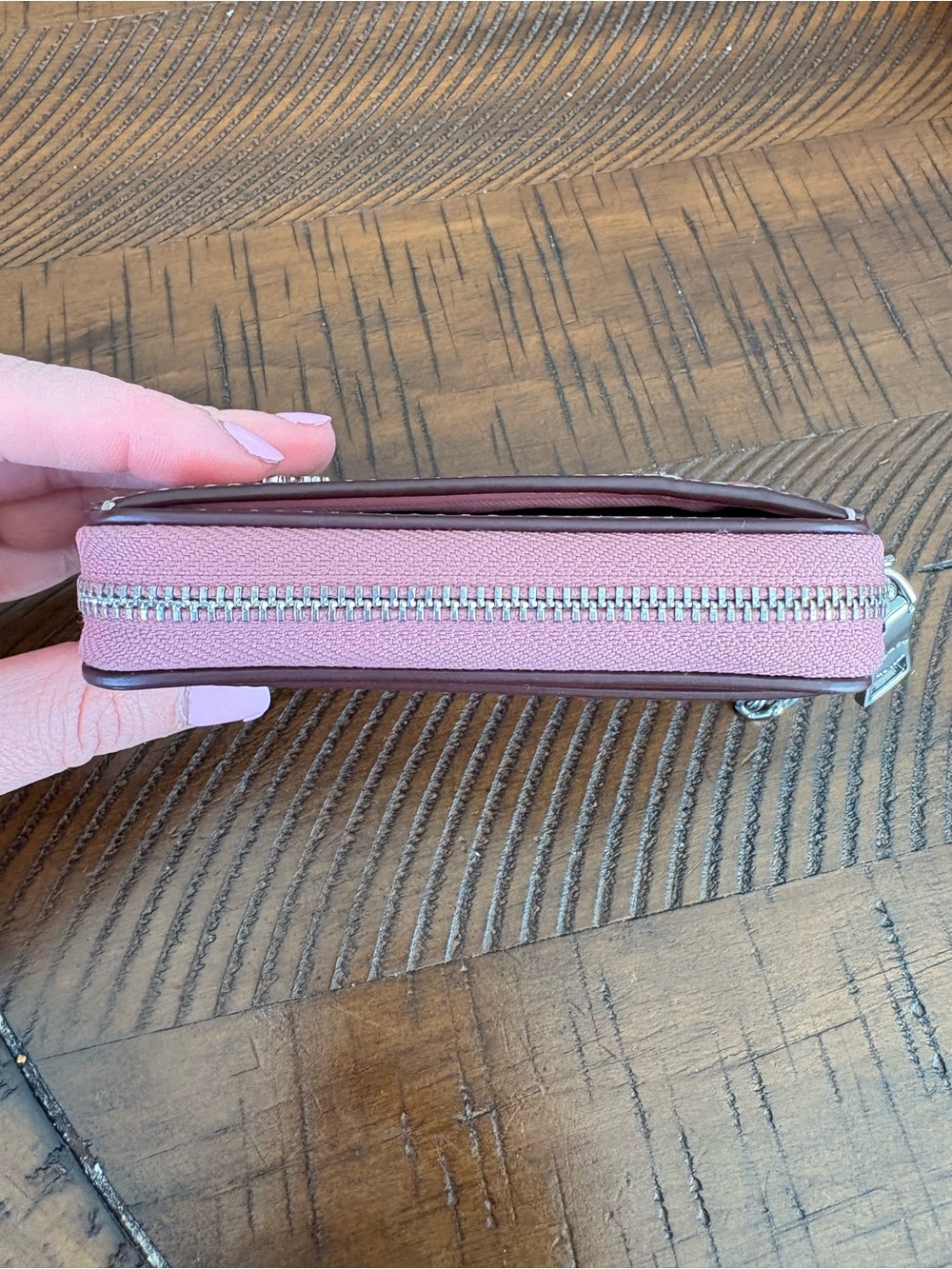 Coach Brown Signature Card Case with Pink Trim and Silver Chain - Picture 8 of 10